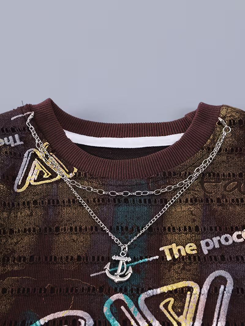 Vintage Cool 2pcs Set: Coffee Brown All-Over Gradient Letter Print