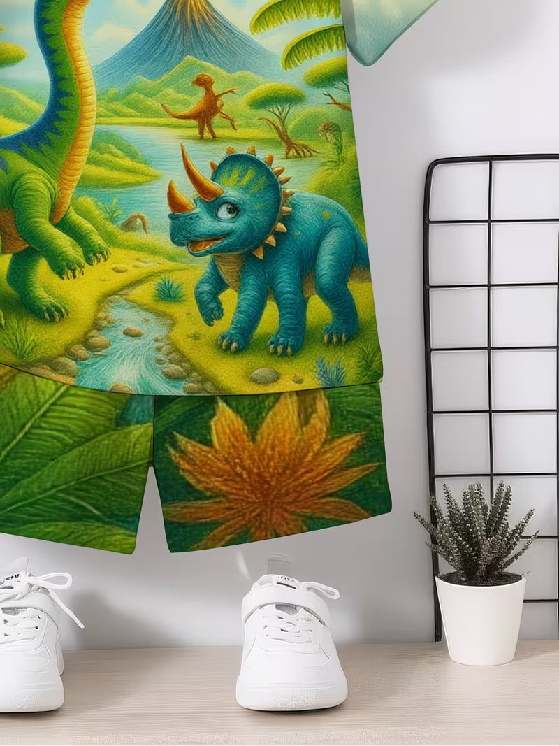 Casual Fashion Short-Sleeve T-Shirt Set, Digital Print, Creative Jungle Dinosaur Print Design
