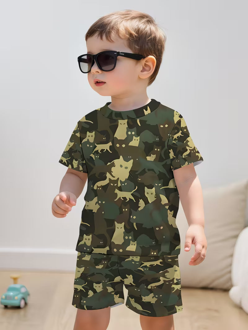 Fashion Cool Camouflage Color Cat Pattern 3D Print Design, Short-Sleeve Pullover Shirt