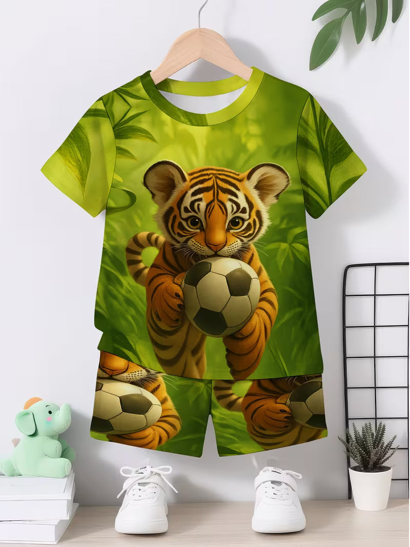 Creative Green Cartoon Tiger Football 3D Print Design, Short-Sleeve Pullover Shirt