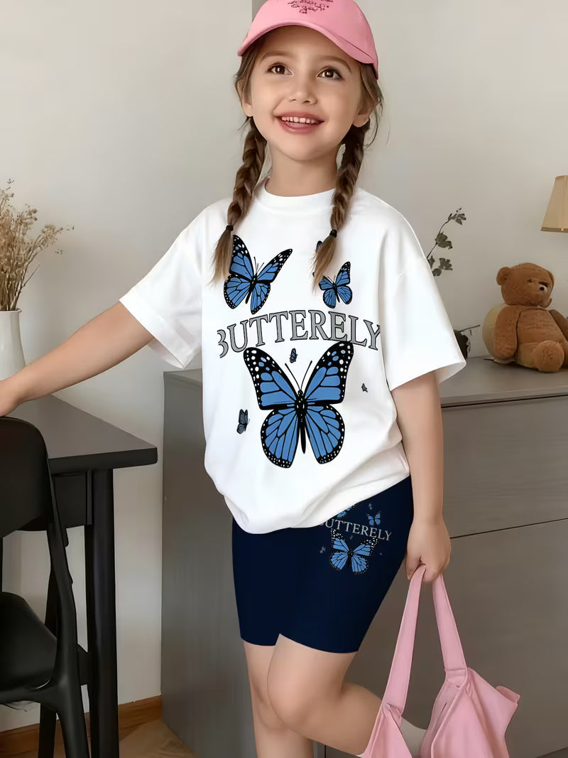 Girls' T-Shirt And Shorts Set Featuring a Cartoon Short-Sleeve Design