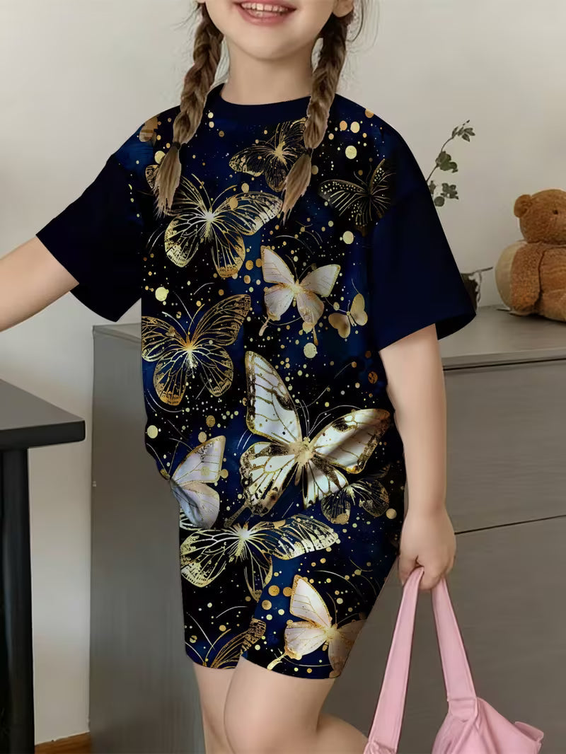 Butterfly Spring Summer Girls' Birthday Gift Clothing Cartoon 3D Print T-Shirt Shorts Set