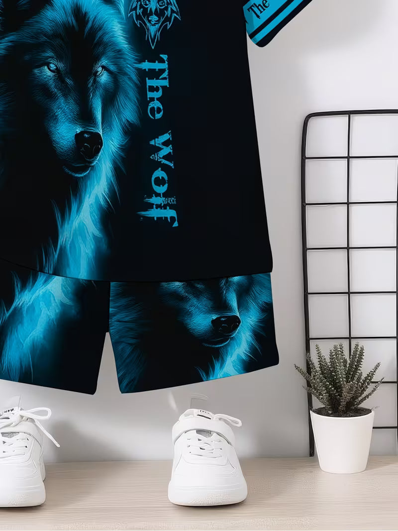 Pullover and Sports Shorts Set, with a Cool Blue Plush Wolf 3D Print