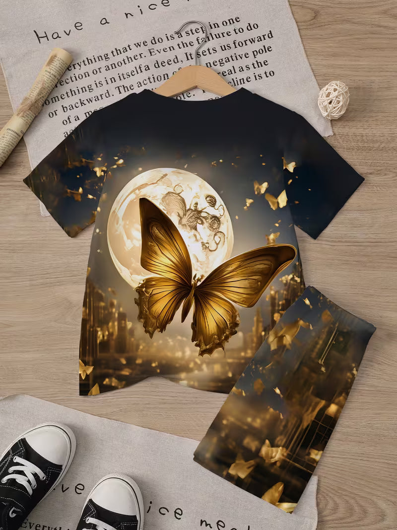 Whimsical Cute Butterfly Print T-Shirt and Shorts Set for Girls, Kids' Fashion Casual Outfit