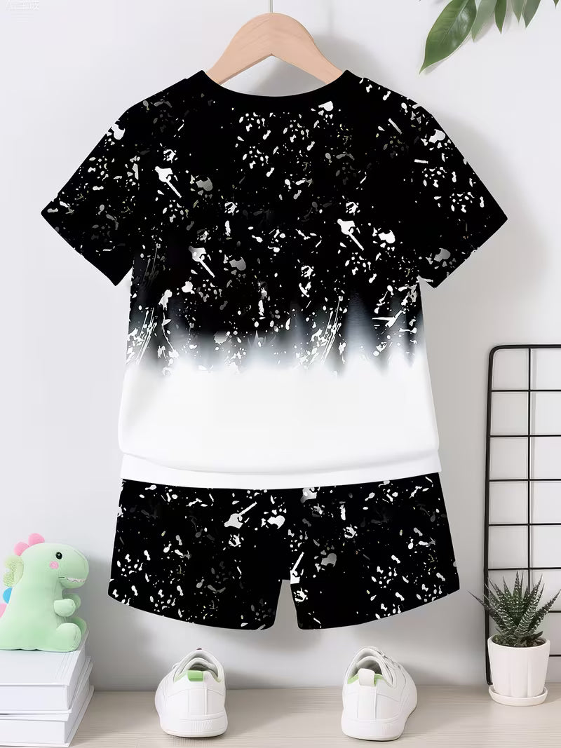 Casual Sporty Stylish Crown K Graffiti-themed Printed Crew-neck T-shirt and Shorts Set