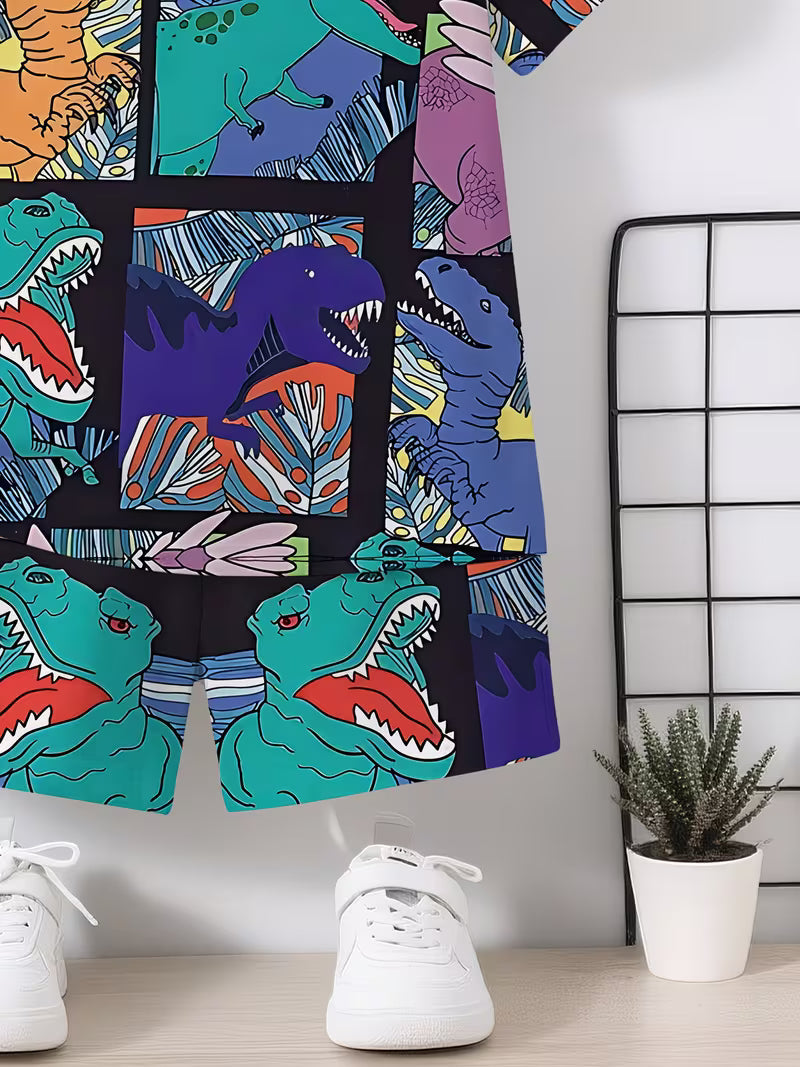 Fashionable Short-sleeved Pullover and Sports Shorts Set, with Creative Block-shaped Dinosaur