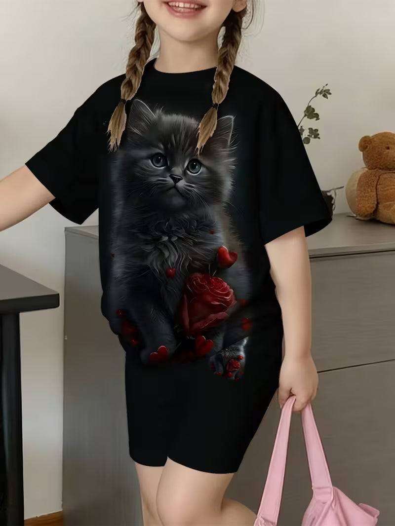 Kawaii Cartoon Girl Black Cat Print Short Sleeve T-Shirt and Shorts Set