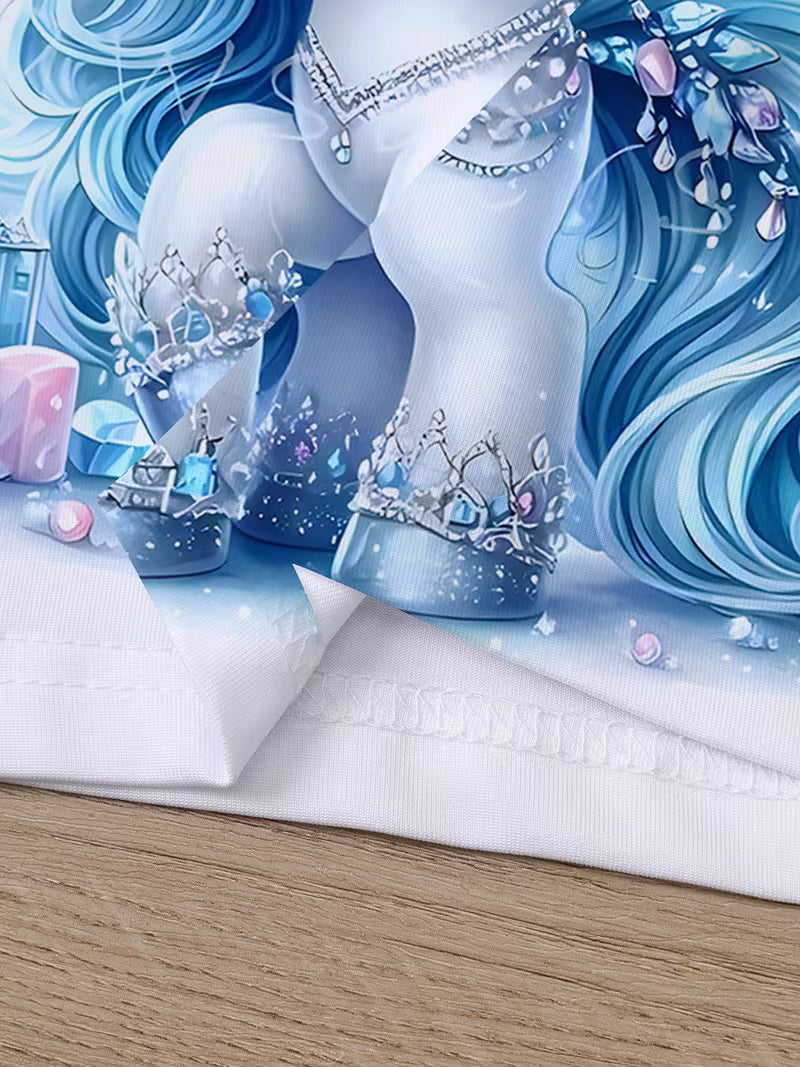 Unicorn Blue Castle Print T-Shirt And Shorts Set Features Exquisite Cartoon Designs, Breathable Fabric