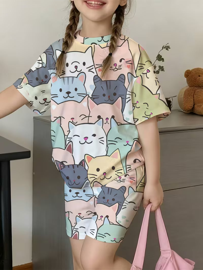 Girl's Cat Print T-Shirt Set, Summer Casual Sweet Kawaii Cat Short Sleeve Outfit