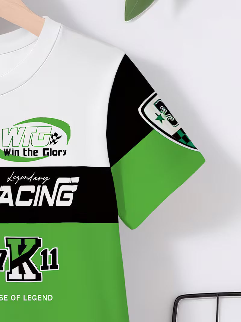 Boys' Creative Green Cartoon Racing Suit with 3D Print Design