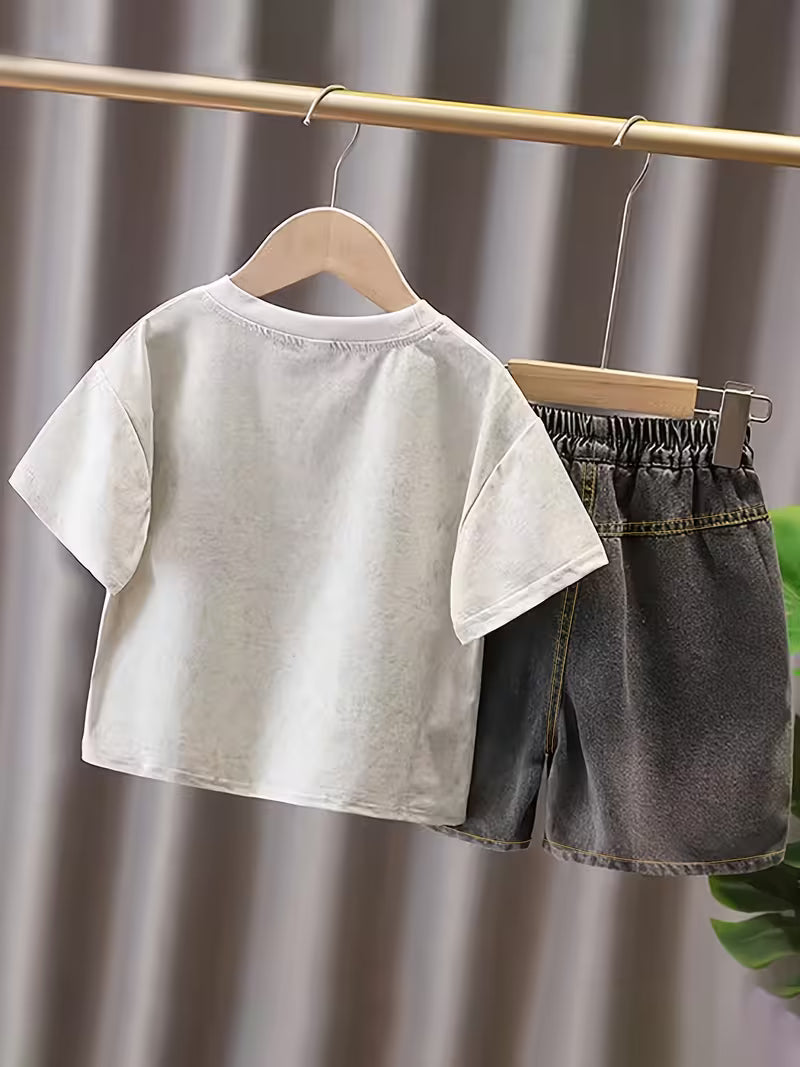 Short-Sleeve Tops And Denim Shorts Set for Boys And Girls