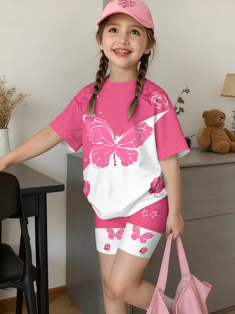 Girls' Fashion Pink Butterfly Shorts Set Cute And Stylish Printed Outfit, for Outdoor