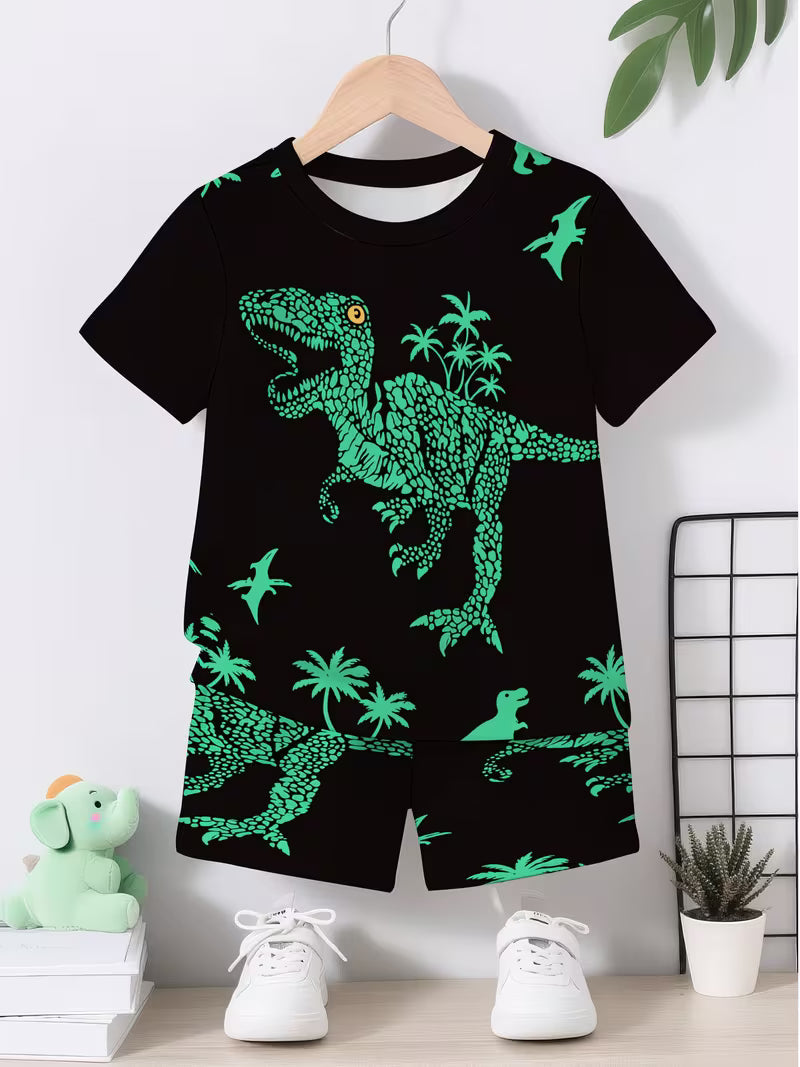 Dinosaur Outfit: Short-Sleeve Shirt & Matching Sports Shorts with 3D -Rex Print