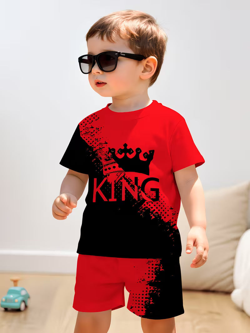 A Trendy Black And Red Crown 3D Print Design for Boys, Featuring a Short-Sleeve