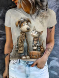 Women's Cat & Dog Print Round Neck T-Shirt - Cute Pet Patterns