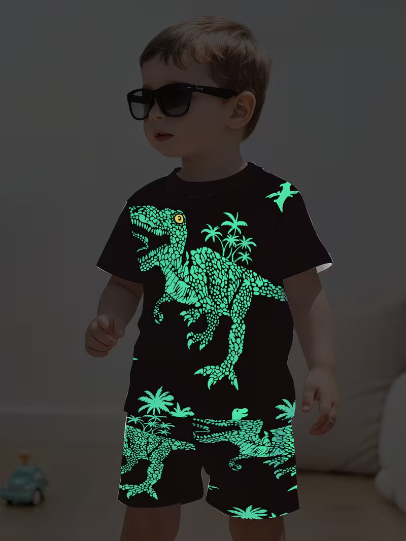 Dinosaur Outfit: Short-Sleeve Shirt & Matching Sports Shorts with 3D -Rex Print