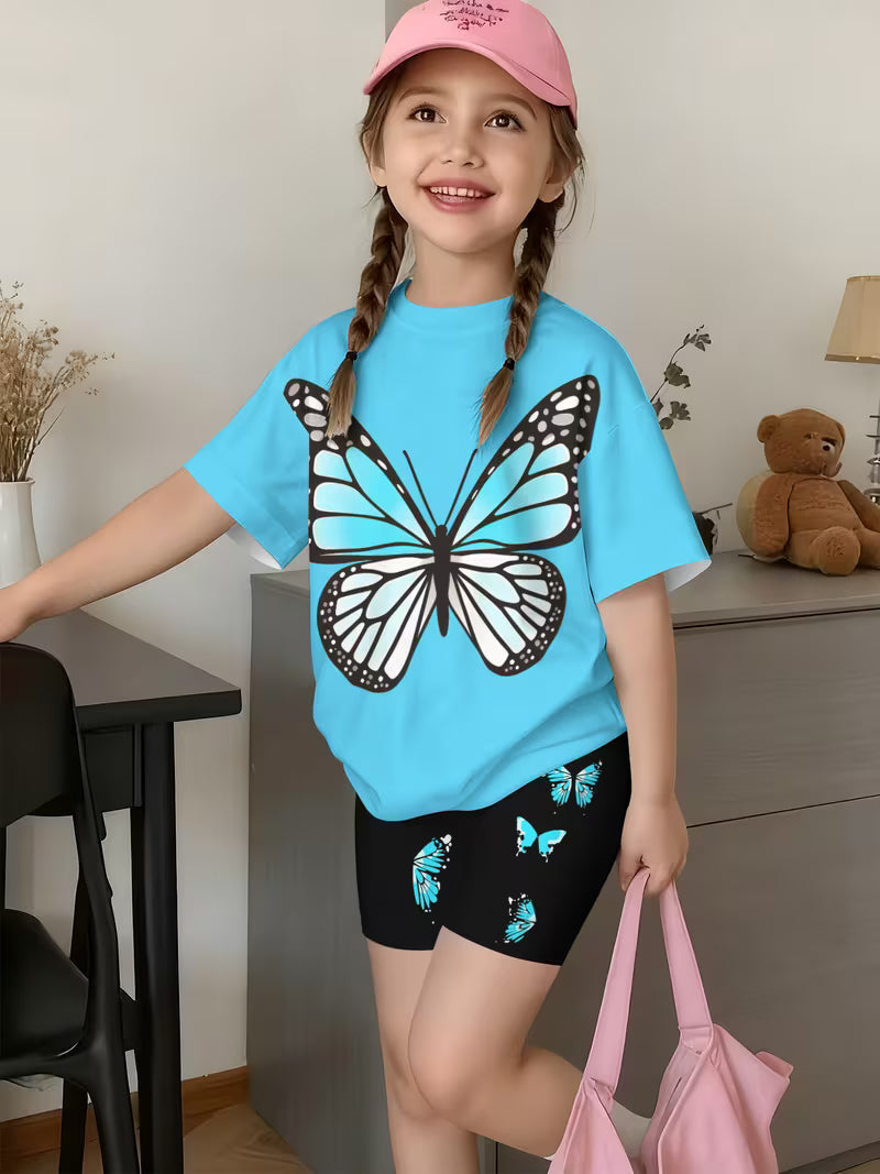 Fashion Blue Butterfly Shorts Set Cute and Stylish Printed Outfit, Perfect for Outdoor