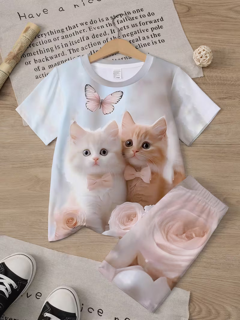 New Cute Cat T-Shirt and Shorts Set for Girls