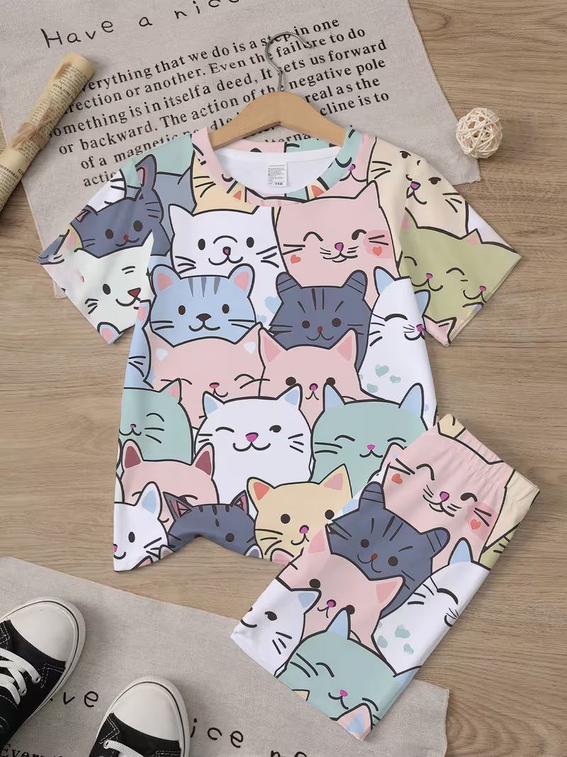 Girl's Cat Print T-Shirt Set, Summer Casual Sweet Kawaii Cat Short Sleeve Outfit