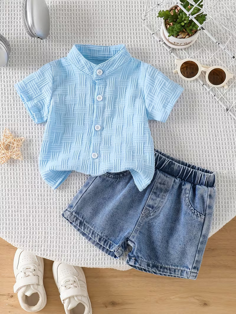 Featuring Stand-Up Collar Textured Short-Sleeved Shirt And Washed Denim Shorts
