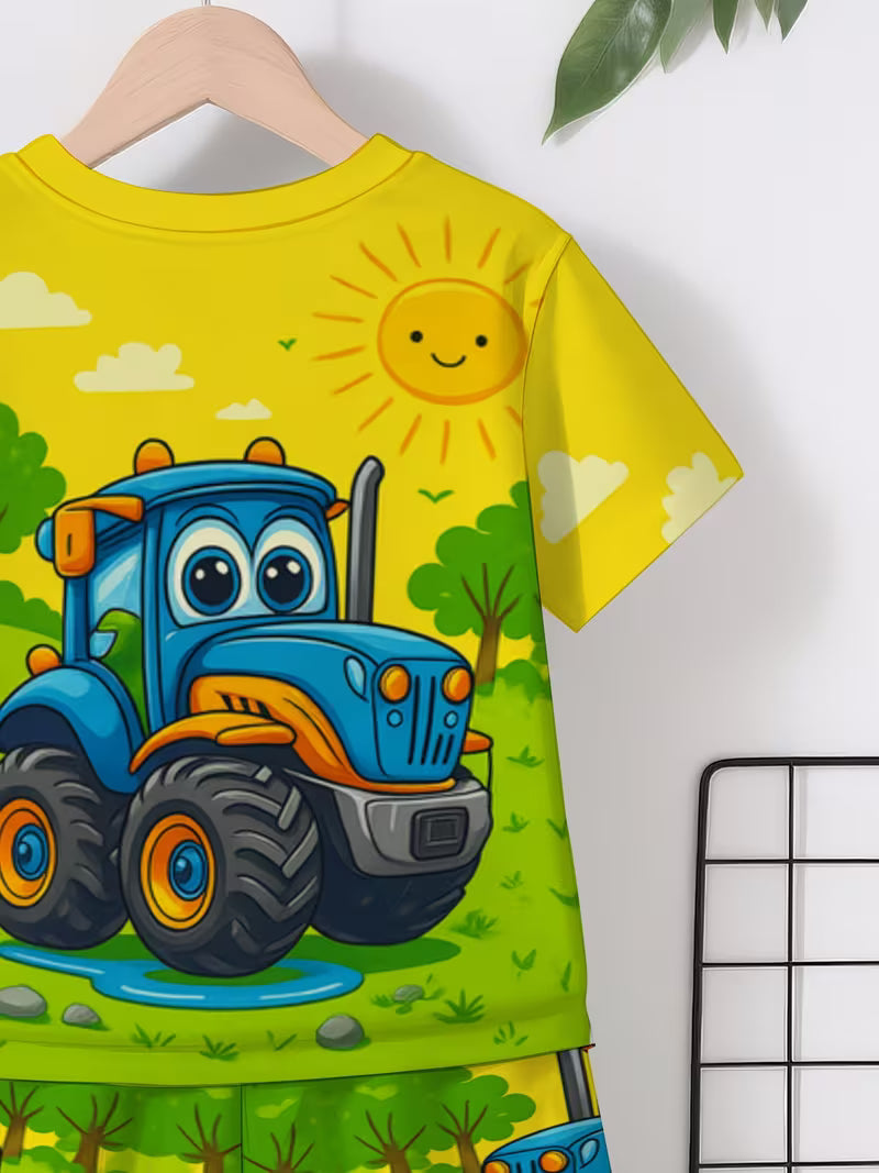 Boy cute cartoon animated car 3D printing design, short sleeved pullover