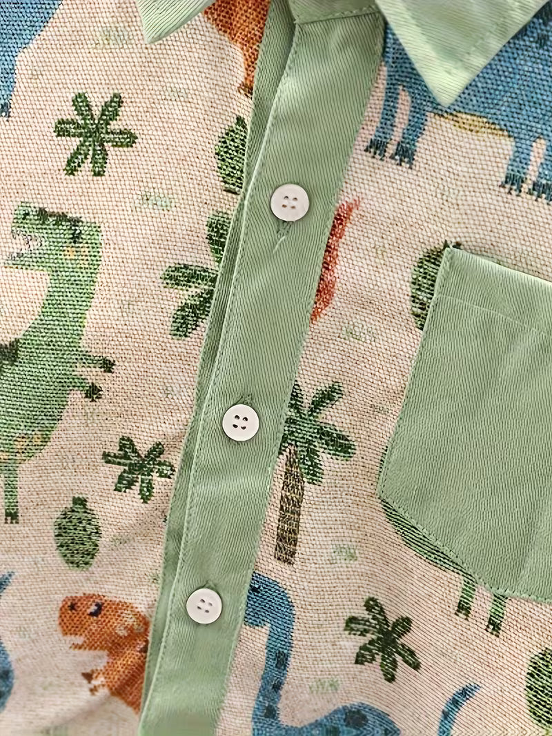 New Collared Cartoon Pocket Dinosaur Print 2pcs Set