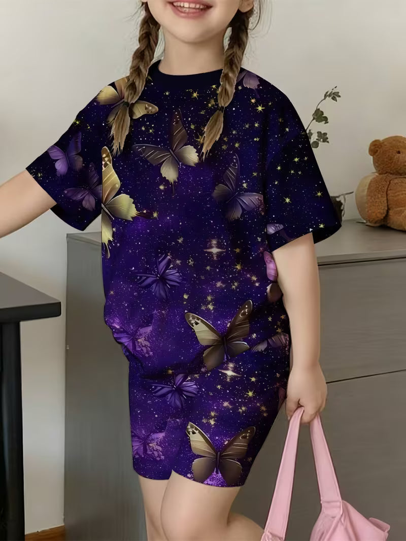 A Stylish Spring And Summer Outfit for Girls Featuring a Purple Starry Sky Butterfly T-Shirt
