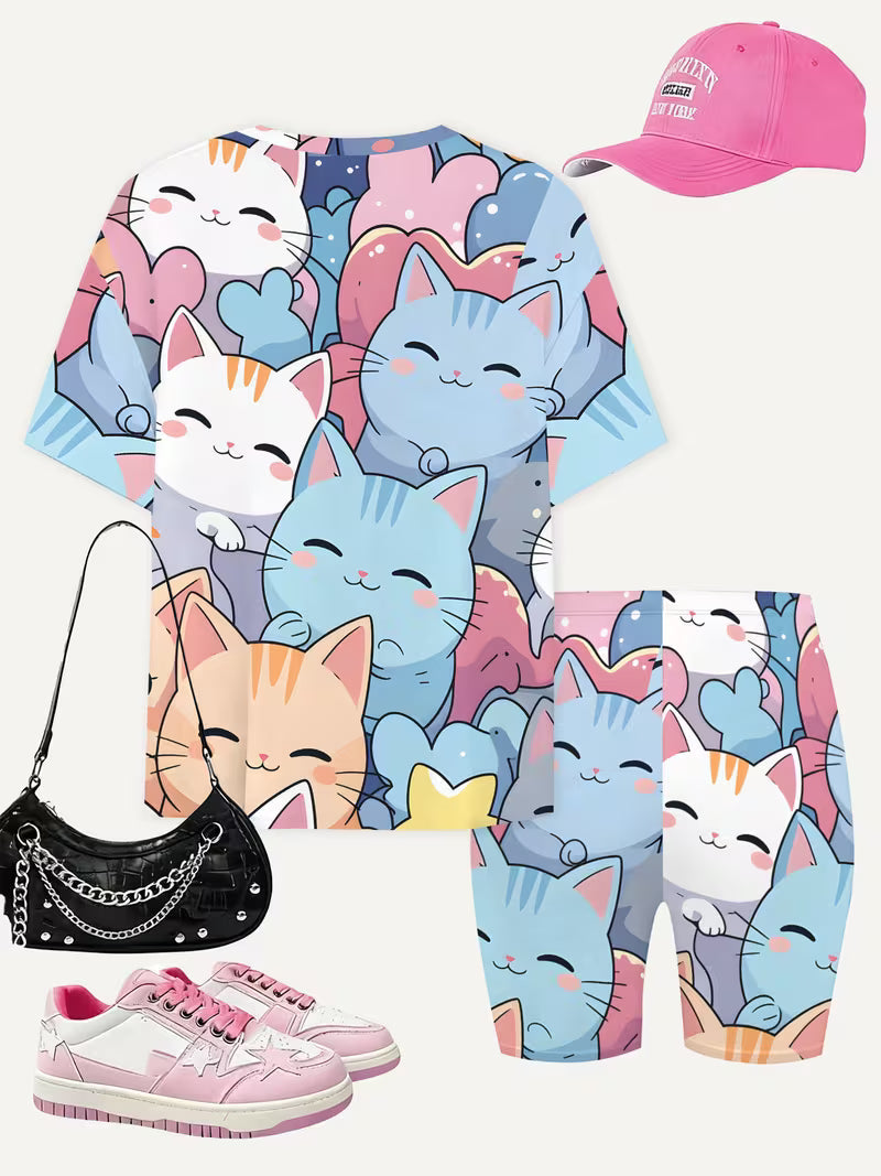 Girls' Fashion Shorts Set Cute Fashion Printed Set, Perfect for Outdoor
