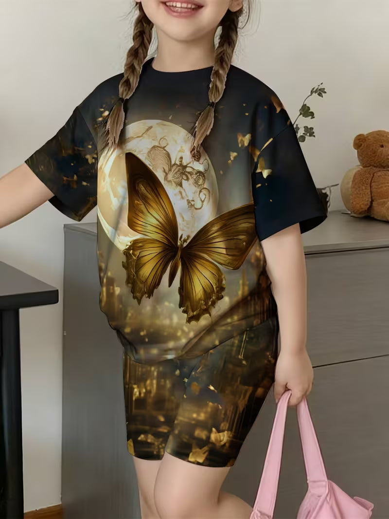 Whimsical Cute Butterfly Print T-Shirt and Shorts Set for Girls, Kids' Fashion Casual Outfit