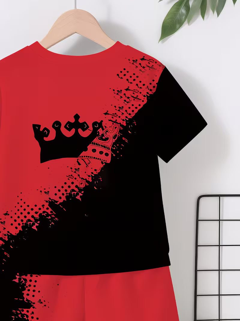 A Trendy Black And Red Crown 3D Print Design for Boys, Featuring a Short-Sleeve