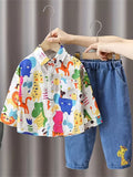 Children's Colorful All-Over Print Animal Long-Sleeved Shirt And Denim Long Pants White