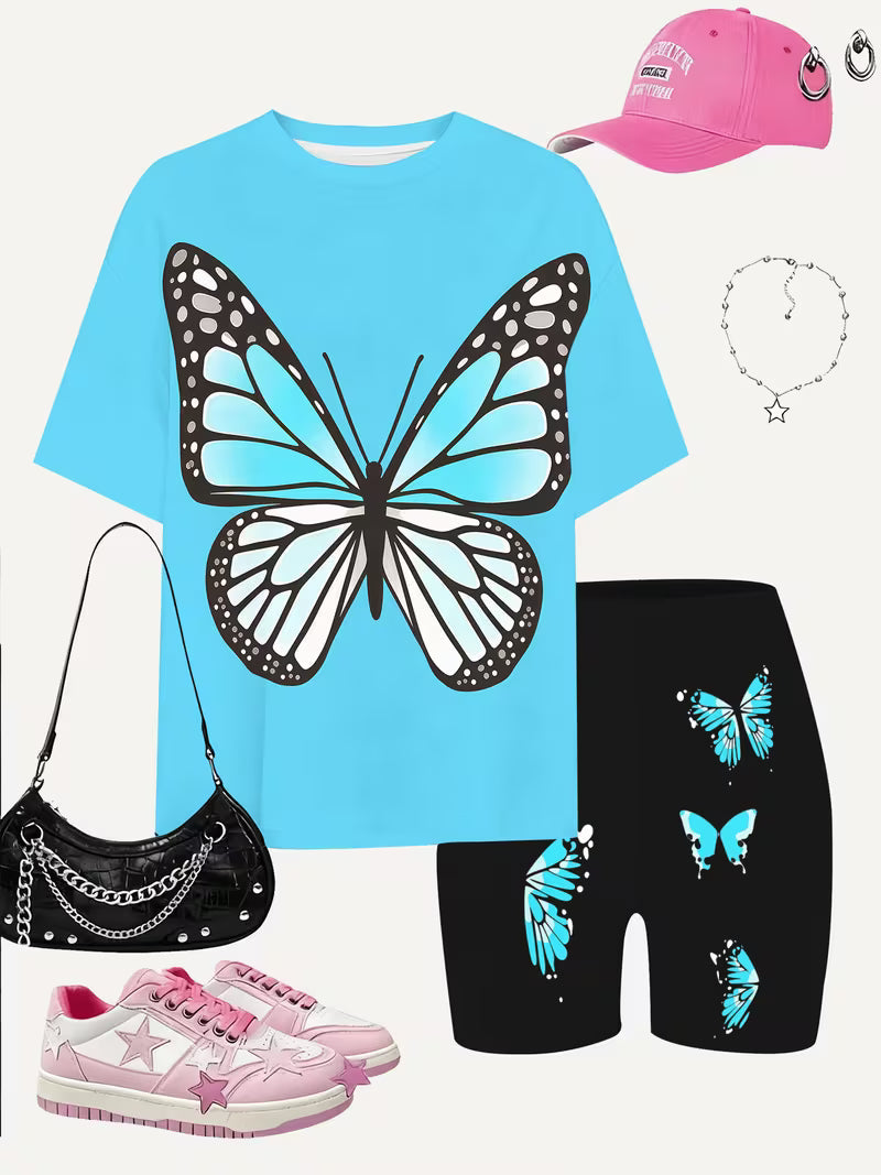 Fashion Blue Butterfly Shorts Set Cute and Stylish Printed Outfit, Perfect for Outdoor