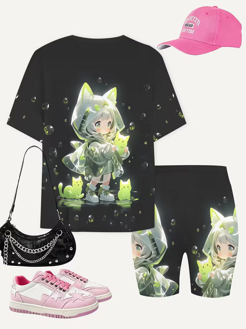 Girls' Fashion Shorts Set Cute Fashion Printed Set, Perfect for Outdoor