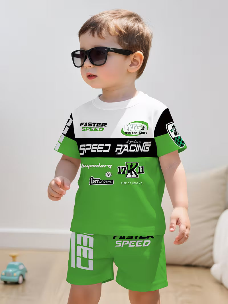 Boys' Creative Green Cartoon Racing Suit with 3D Print Design